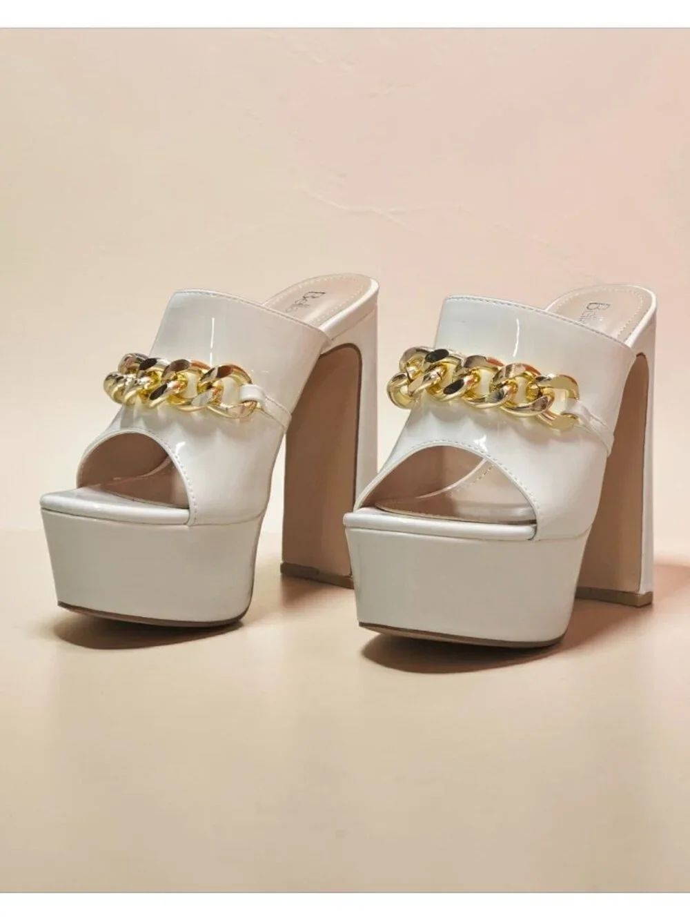 White Platform Heels With Gold Chain Detail Open Toe Patent Finish & Chunky Bloc